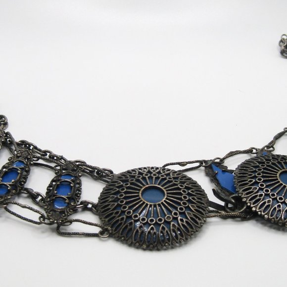 Vintage Metal Belt Filigree Chain Silver Blue OOAK Boho Hippie Ethnic - Picture 6 of 9